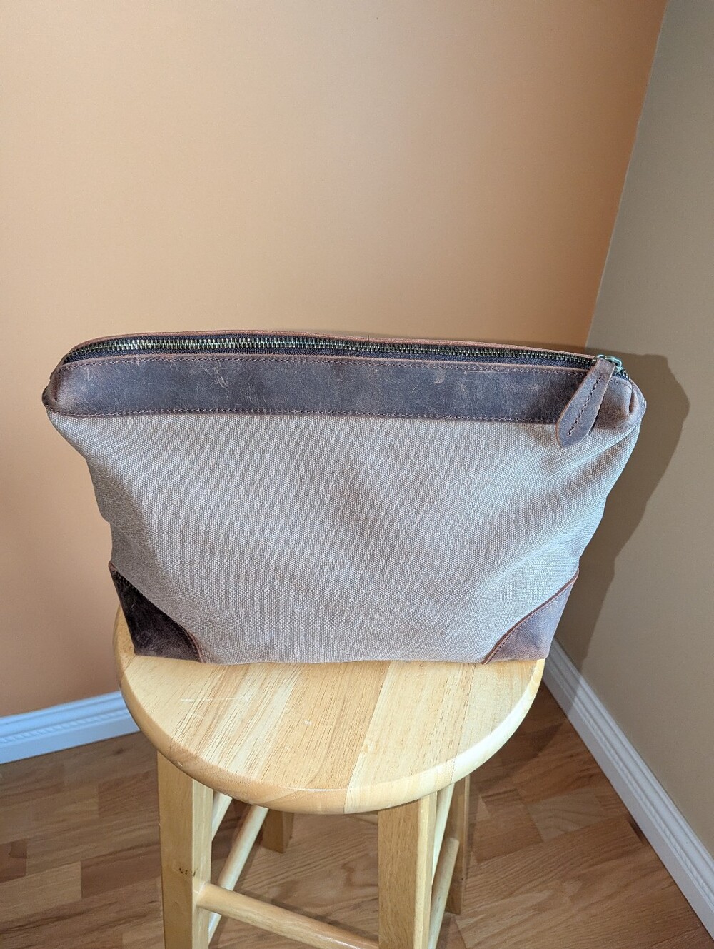 S-ZONE For Mens Brown Canvas and Leather Travel Dopp Kit